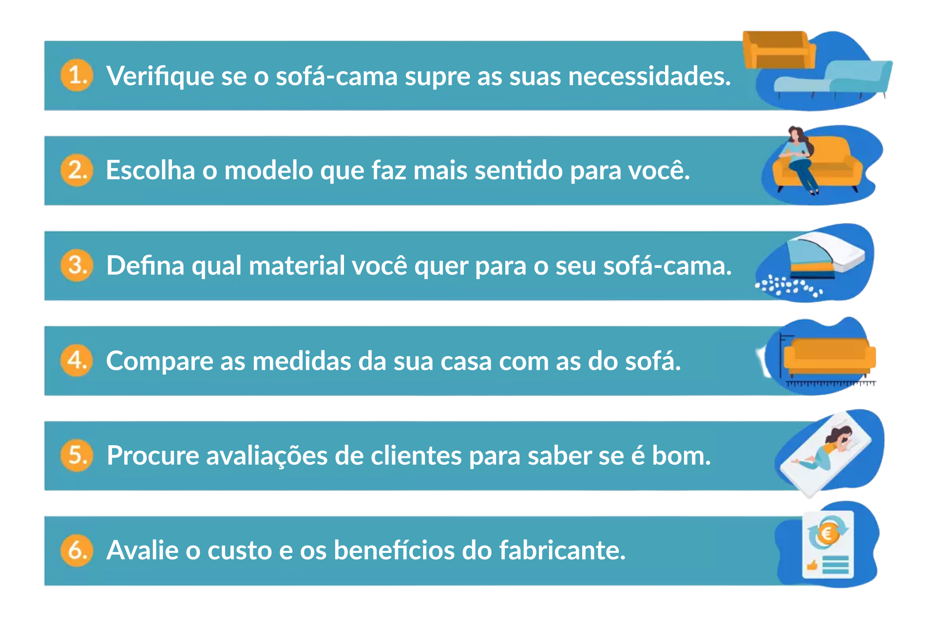 ilustração contendo as principais dicas para comprar um sofacama